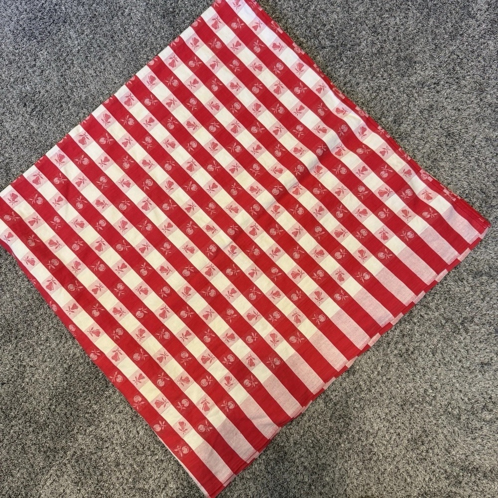 57"x54" Vtg Cotton Checkered Tablecloth Red White Apples Pears Fruit Farmhouse